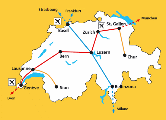 tracé envisagé pour le swissmetro